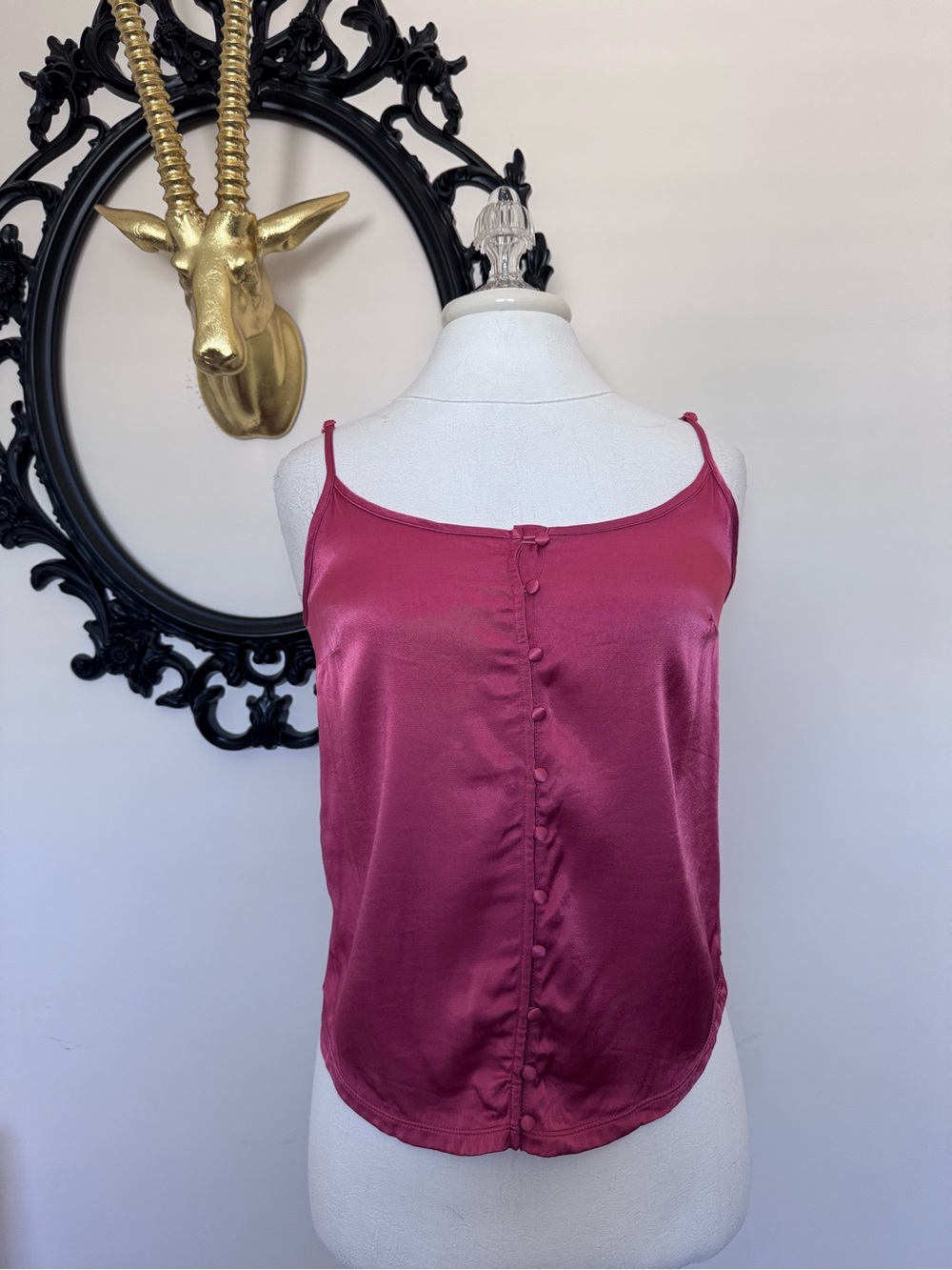 Black Swan Satin Button-Front Cami in Raspberry